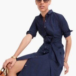 NWT J. CREW Navy Tie Waist Midi Shirtdress In Cotton Poplin